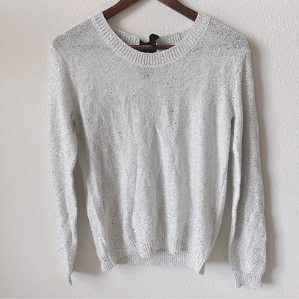 American Eagle Outfitters Light Grey Silver Sequin Crew Neck Sweater
